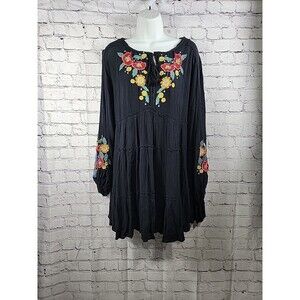 Free People XS Black Spell On You Embroidered Mini Dress Boho Floral Tiered NWT